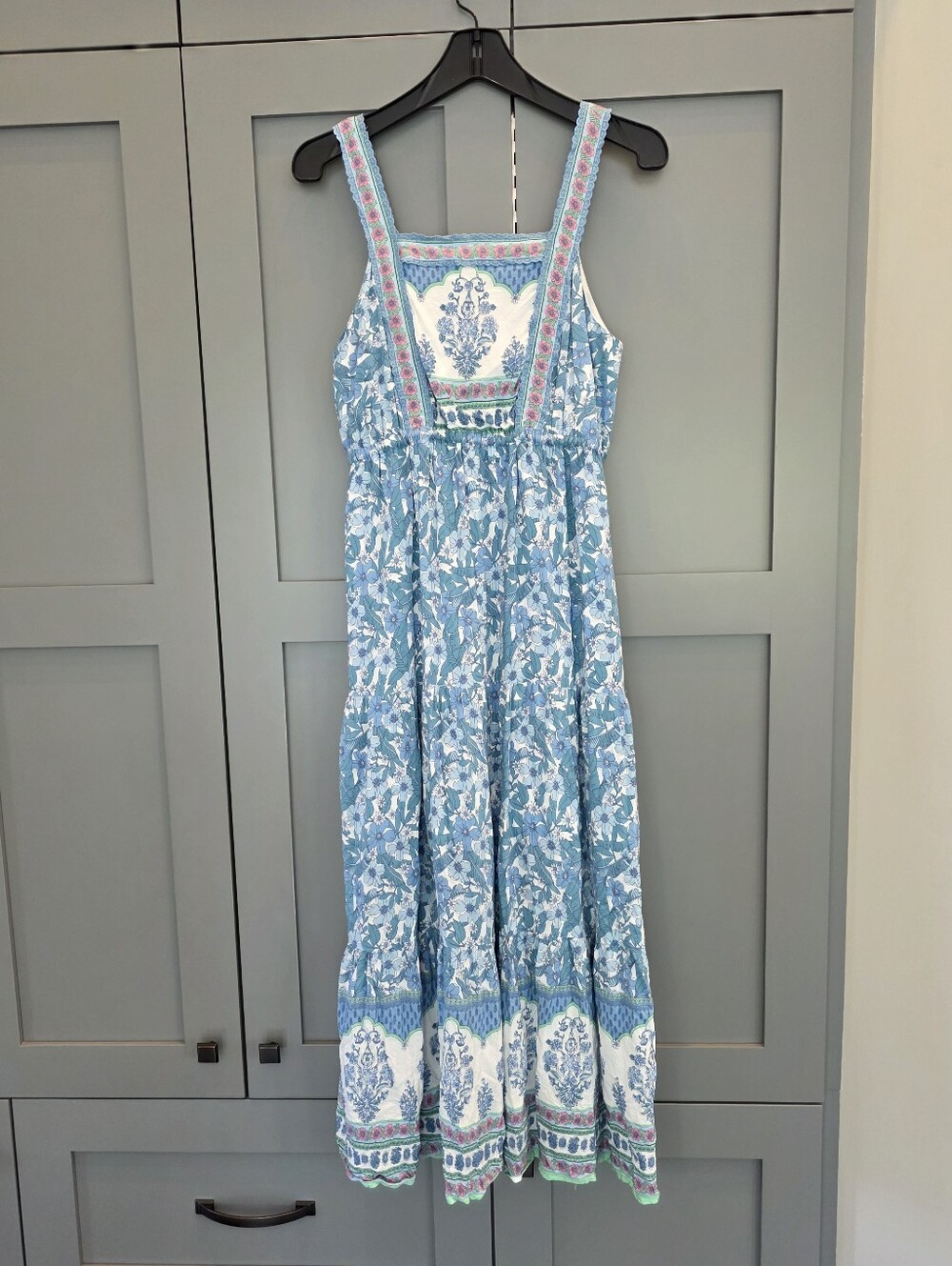 In Loom Blue Boho Maxi Dress Sz Small Cottagecore Prairie Coastal Feminine